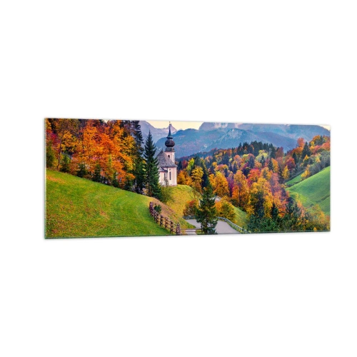 Obraz na szkle - Jesienna górska sceneria z kapliczką i zachodem słońca - 140x50cm - Pejzaż jak malowanie - Nowoczesna dekoracja ścienna do salonu i sypialni ARTTOR