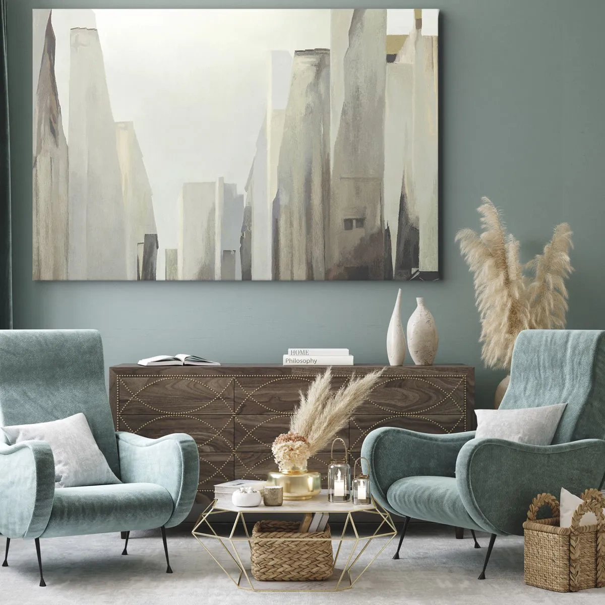 Obraz na płótnie - Abstrakcyjny krajobraz miasta w pastelowych odcieniach - 70x50cm - Sen o mieście - Nowoczesna dekoracja ścienna do salonu i sypialni ARTTOR