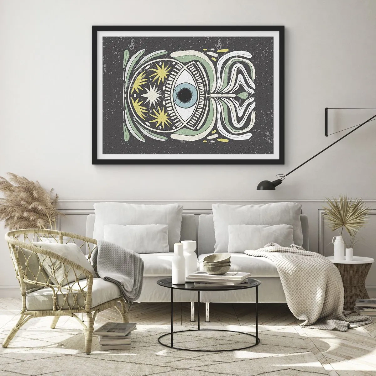 Plakat w czarnej ramie - Symboliczne oko w otoczeniu abstrakcyjnych wzorów - 70x50cm - Plemienne rytuały - Nowoczesna dekoracja ścienna do salonu i sypialni ARTTOR