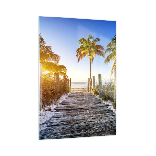 Obraz na szkle - Drewniana ścieżka na plaży w otoczeniu palm - 50x70cm - Prosto do raju - Nowoczesna dekoracja ścienna do salonu, kuchni i sypialni ARTTOR