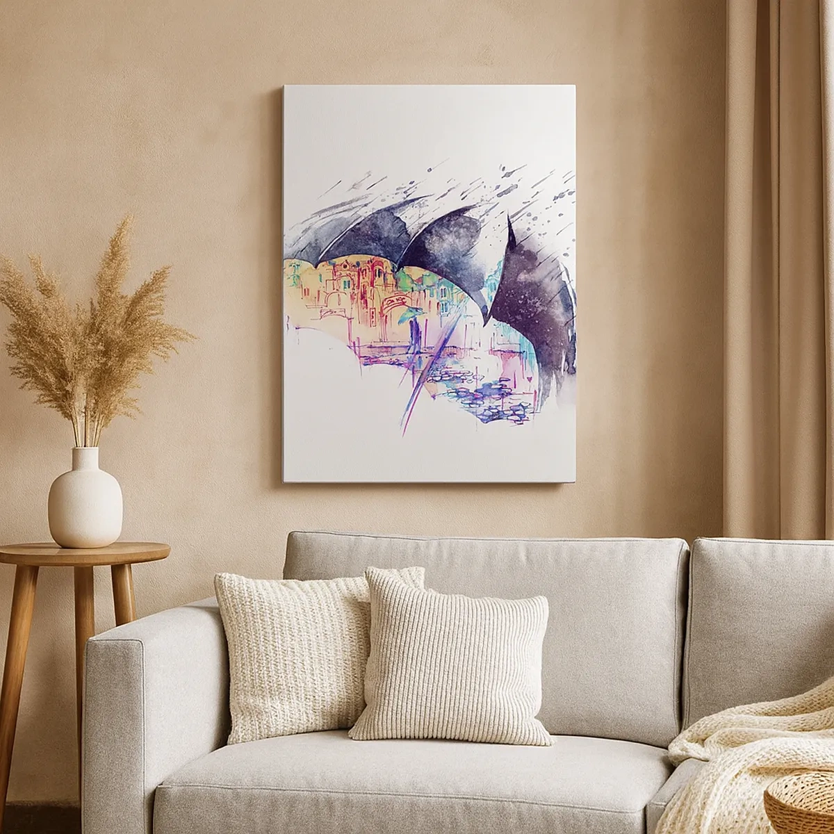 Obraz na płótnie - Akwarelowy obraz miasta odbijającego się w kałuży pod czarnymi parasolami w deszczu - 50x70cm - Spacer w deszczu - Nowoczesna dekoracja ścienna do salonu, kuchni i sypialni ARTTOR