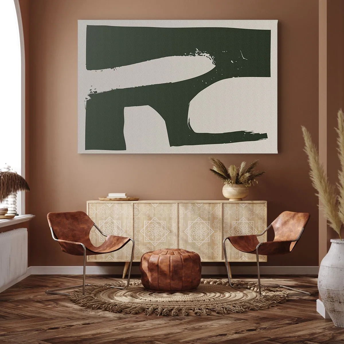 Obraz na płótnie - Minimalistyczny abstrakt w zieleni na jasnym tle - 70x50cm - Zatoki bieli - Nowoczesna dekoracja ścienna do salonu i sypialni ARTTOR