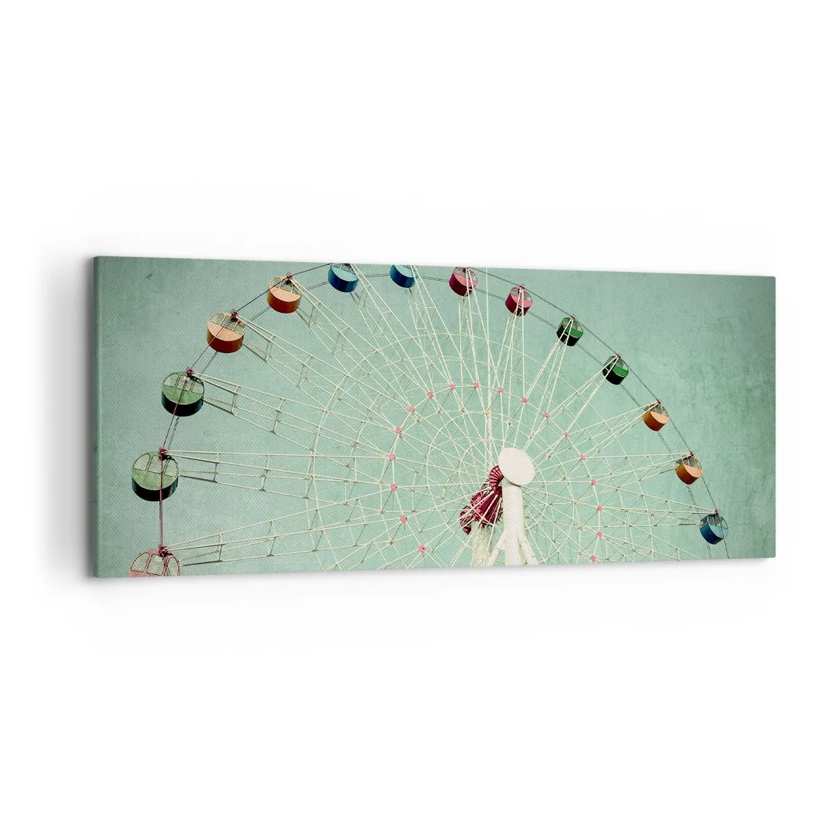 Obraz na płótnie - Kolorowy diabelski młyn na tle błękitnego nieba w stylu retro - 120x50cm - Zapraszamy do zabawy - Nowoczesna dekoracja ścienna do salonu i sypialni ARTTOR