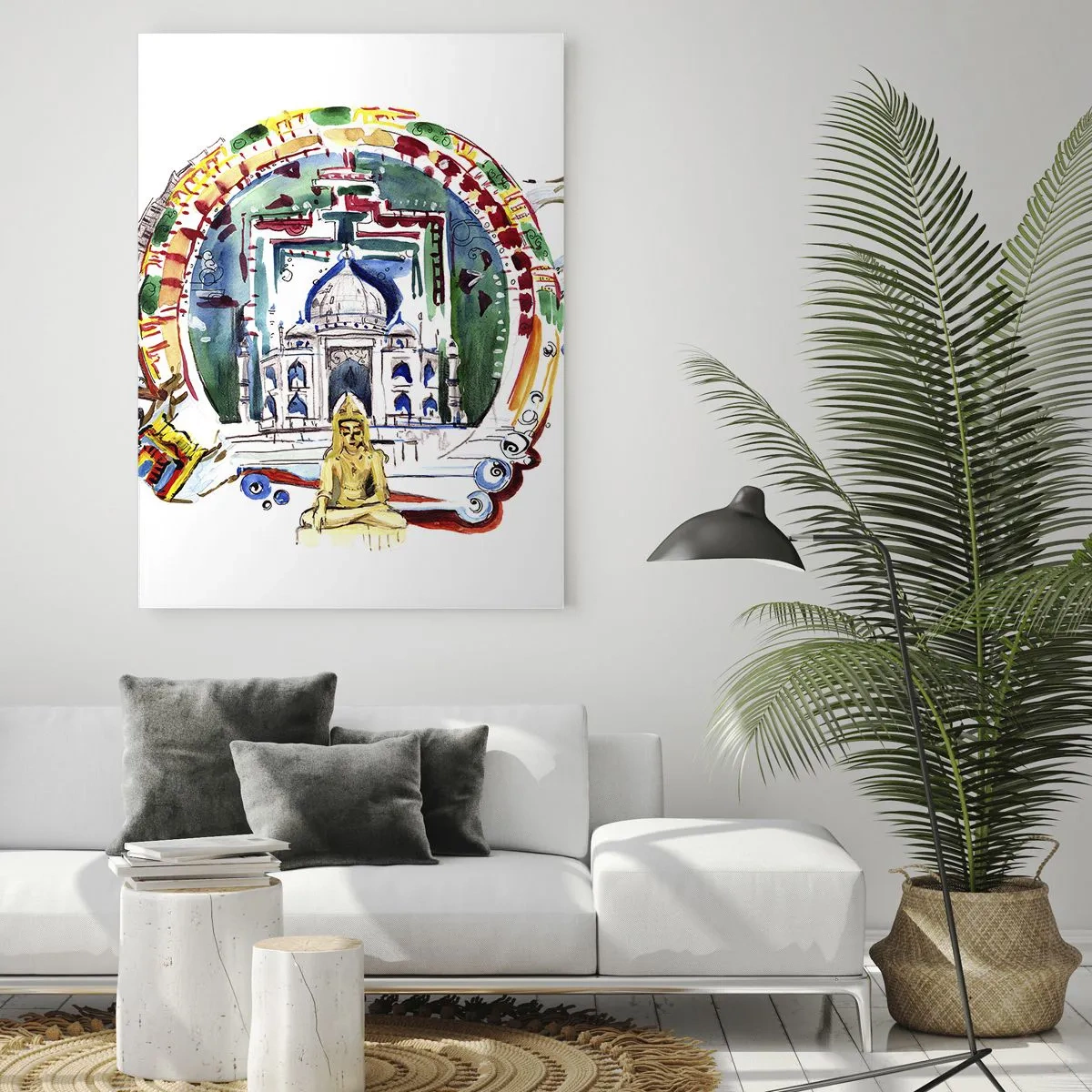 Obraz na szkle - Kolorowa ilustracja z motywem architektury Indii - 80x120cm - Hinduska równowaga świata - Nowoczesna dekoracja ścienna do salonu i sypialni ARTTOR