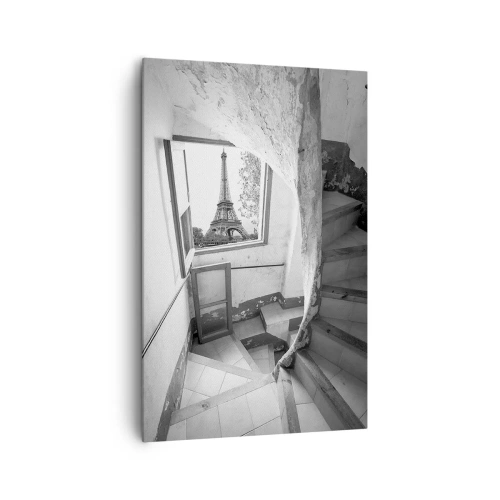 Obraz na płótnie - Schody w starej kamienicy z widokiem na wieżę Eiffla przez okno - 80x120cm - Co za widok! - Nowoczesna dekoracja ścienna do salonu i sypialni ARTTOR