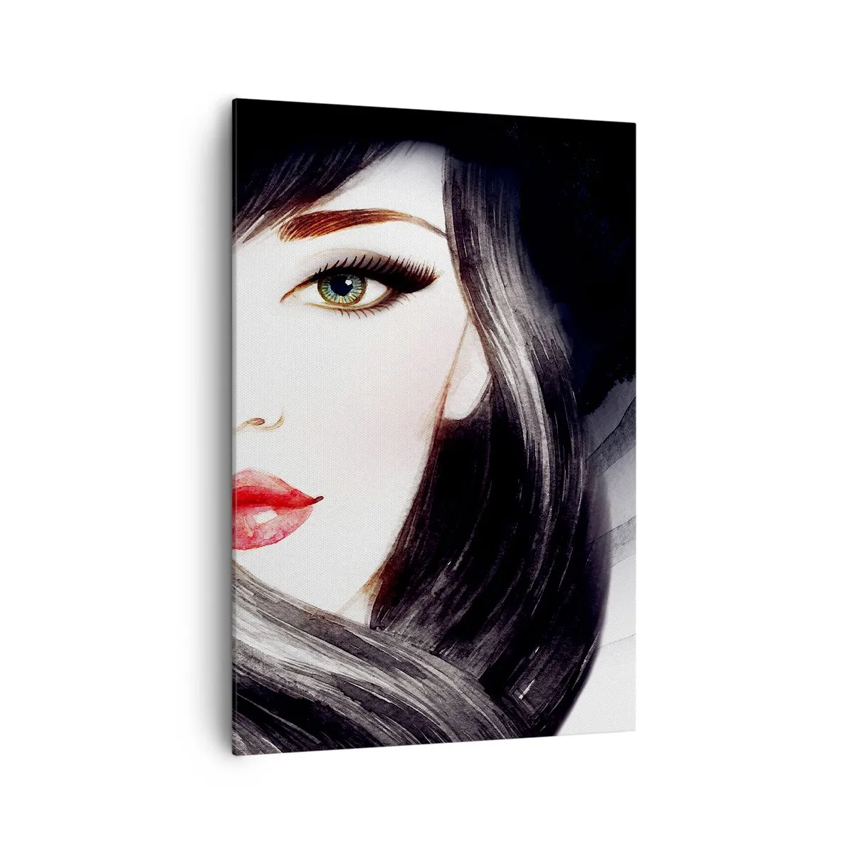 Obraz na płótnie - Portret kobiety z wyrazistym spojrzeniem i czerwonymi ustami - 70x100cm - Szafirowe spojrzenie - Nowoczesna dekoracja ścienna do salonu i sypialni ARTTOR