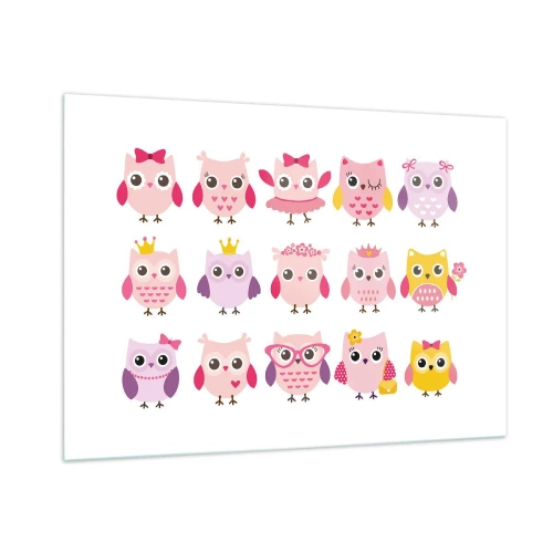 Obraz na szkle - Kolorowe sowy w różnych wzorach na białym tle - 100x70cm - Jedna słodsza od drugiej - Nowoczesna dekoracja ścienna do salonu, kuchni i sypialni ARTTOR