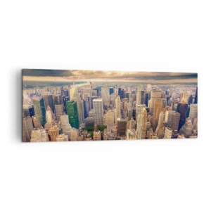 Obraz na płótnie - Panorama miasta z widokiem na drapacze chmur o zachodzie słońca - 140x50cm - Wyzłocone metropolis - Nowoczesna dekoracja ścienna do salonu i sypialni ARTTOR