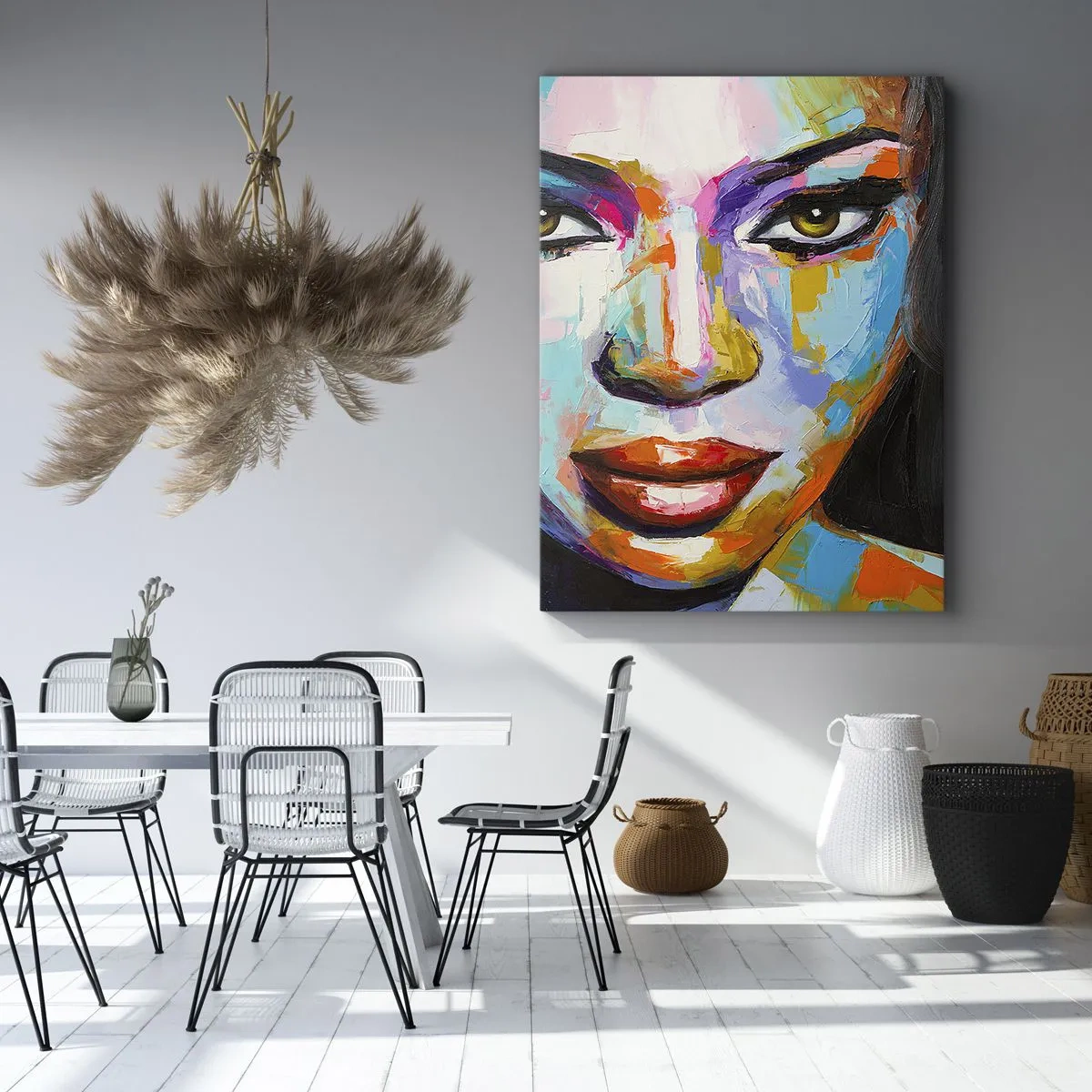 Obraz na płótnie - Kolorowy portret kobiety z intensywnymi detalami twarzy - 50x70cm - Nie sposób oderwac oczu - Nowoczesna dekoracja ścienna do salonu, kuchni i sypialni ARTTOR