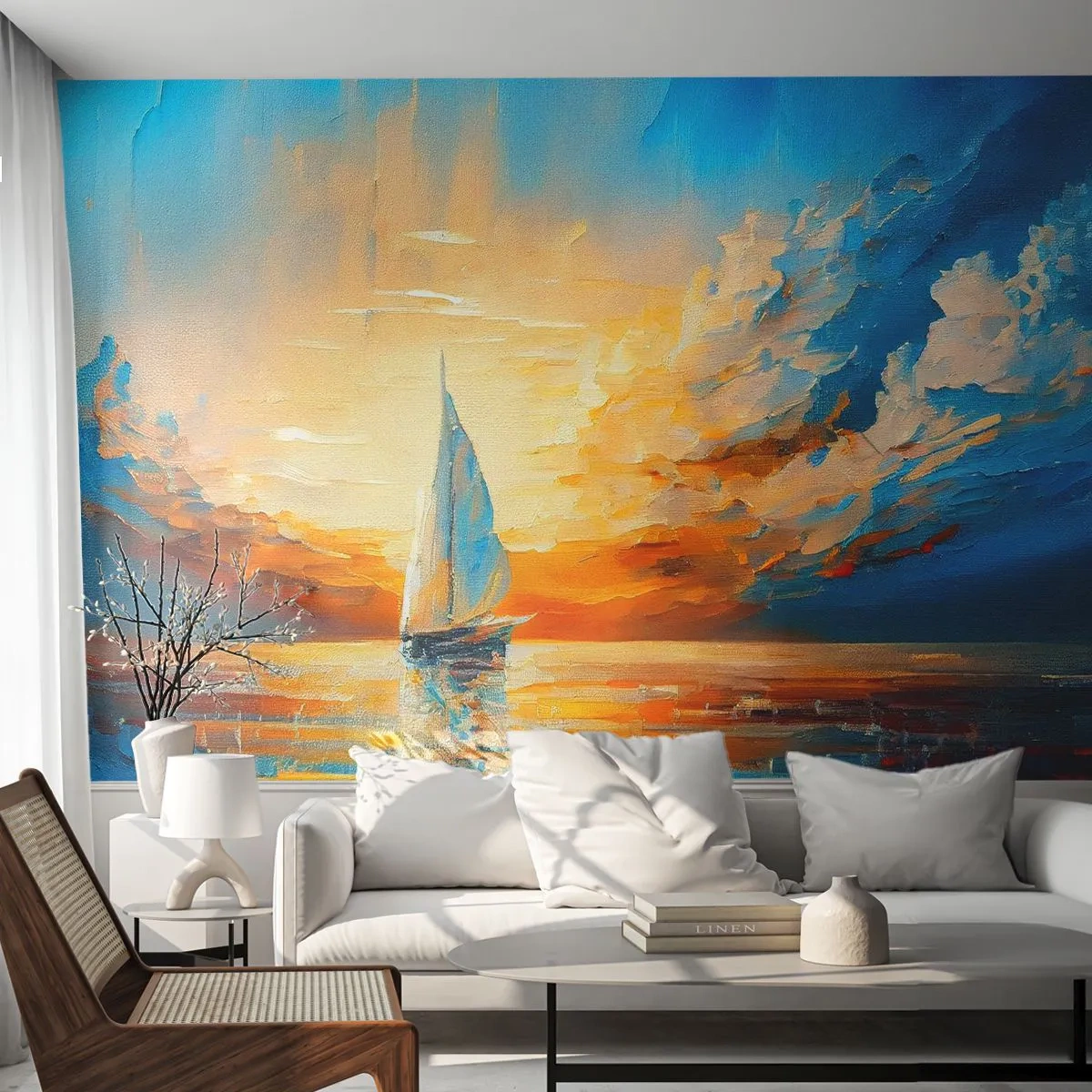 Fototapeta Premium Sand - Żaglówka na morzu o zachodzie słońca - 100x70cm - Żegluga w złocie - Nowoczesna dekoracja ścienna do salonu, kuchni i sypialni ARTTOR