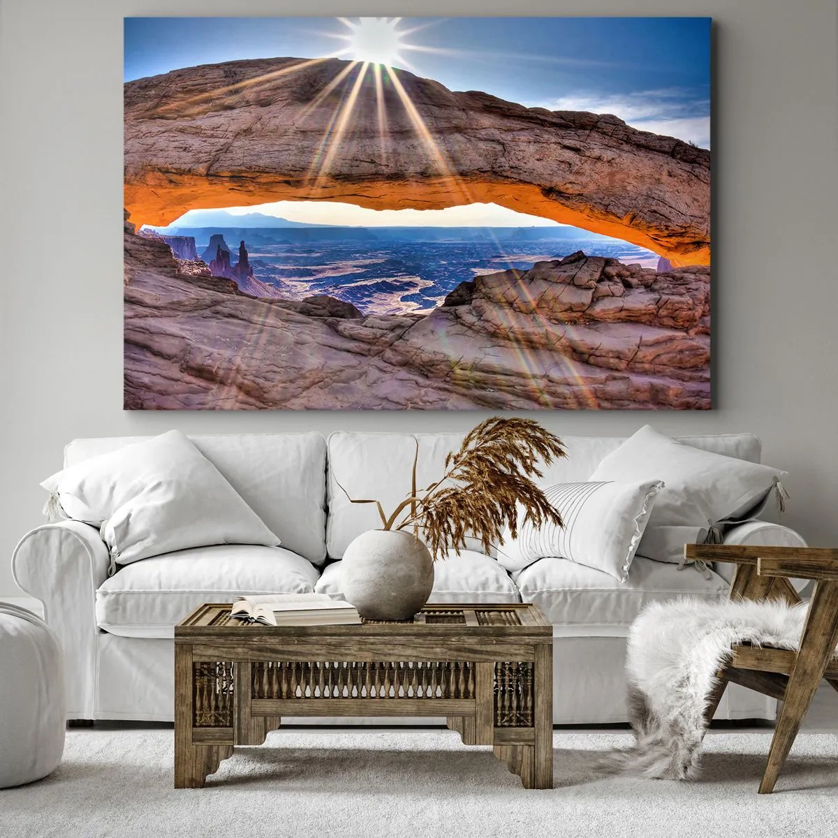 Obraz na płótnie - Skalny łuk z widokiem na kanion o wschodzie słońca - 100x70cm - Przez skalną bramę - Nowoczesna dekoracja ścienna do salonu, kuchni i sypialni ARTTOR