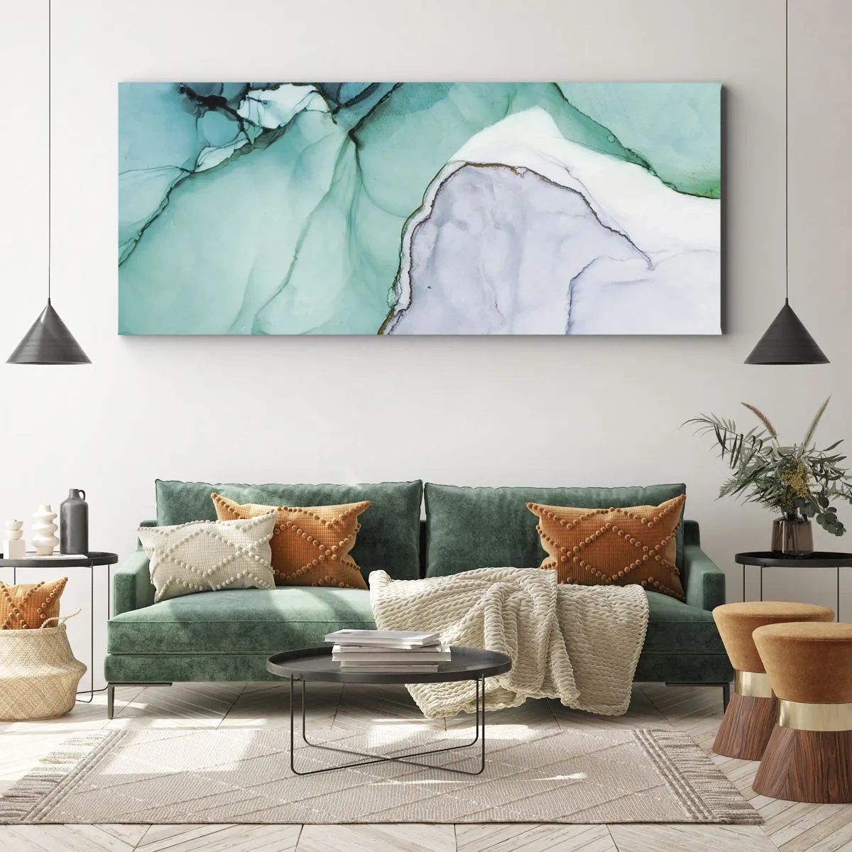 Obraz na płótnie - Abstrakcyjny wzór w odcieniach turkusu i bieli - 160x50cm - Studium w turkusie - Nowoczesna dekoracja ścienna do salonu i sypialni ARTTOR