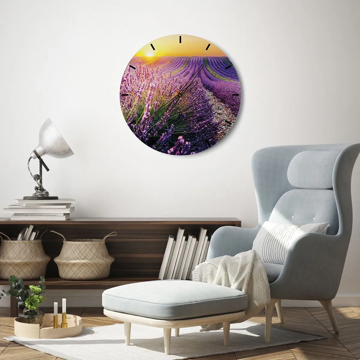 Zegar ścienny - Pole lawendy o zachodzie słońca z kamienistą ścieżką - 30x30cm - Pachnący łan - Nowoczesna dekoracja ścienna do salonu, kuchni i sypialni ARTTOR