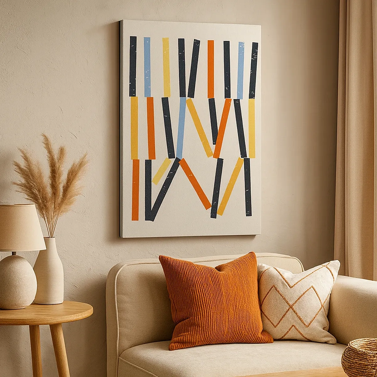 Obraz na płótnie - Nowoczesna geometryczna kompozycja z czarnymi i kolorowymi liniami - 50x70cm - Kompozycja na poziomie - Nowoczesna dekoracja ścienna do salonu, kuchni i sypialni ARTTOR