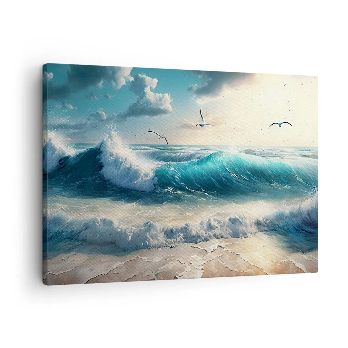 Obraz na płótnie - Morskie fale na plaży pod błękitnym niebem z mewami - 70x50cm - Szumi tylko dla ciebie - Nowoczesna dekoracja ścienna do salonu i sypialni ARTTOR