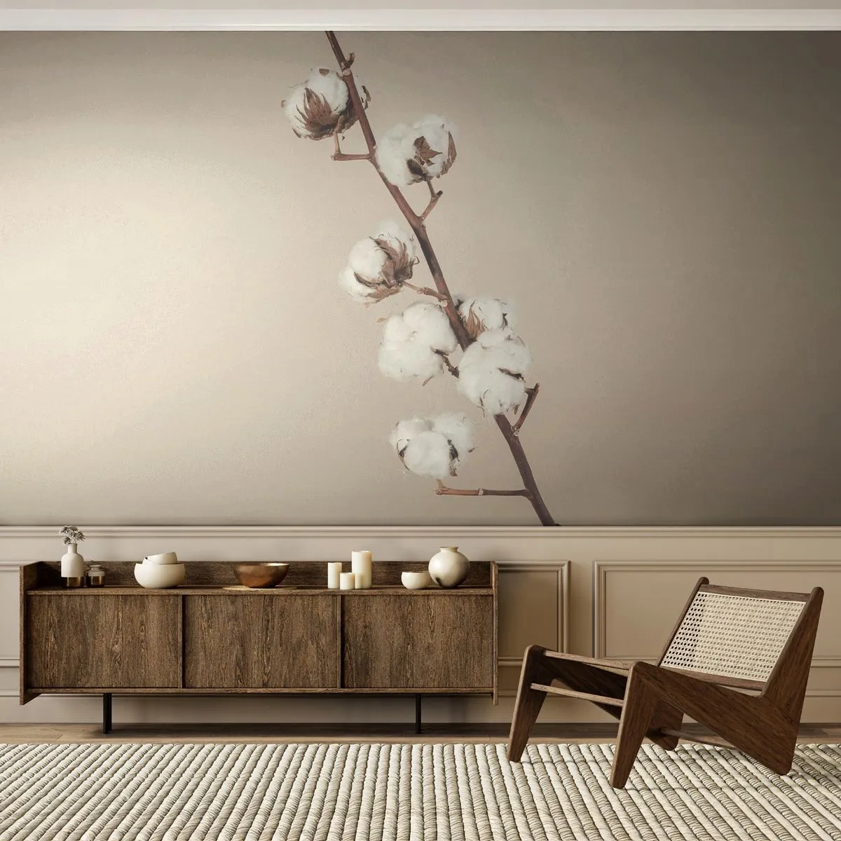 Fototapeta Standard Eco - Gałązka bawełny na beżowym tle w minimalistycznym stylu - 100x70cm - U źródła miękkości - Nowoczesna dekoracja ścienna do salonu i sypialni ARTTOR