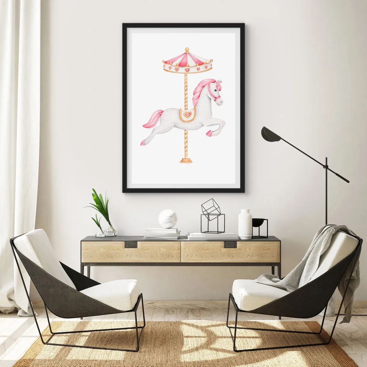 Plakat w czarnej ramie - Uroczy biały konik na karuzeli w pastelowych barwach - 50x70cm - Ruszył z kopyta - Nowoczesna dekoracja ścienna do salonu i sypialni ARTTOR