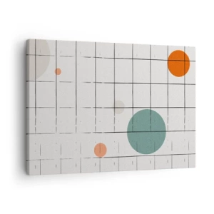 Obraz na płótnie - Abstrakcyjne okręgi w kolorach na tle geometrycznej siatki - 70x50cm - Uwięzione. My czy one? - Nowoczesna dekoracja ścienna do salonu i sypialni ARTTOR