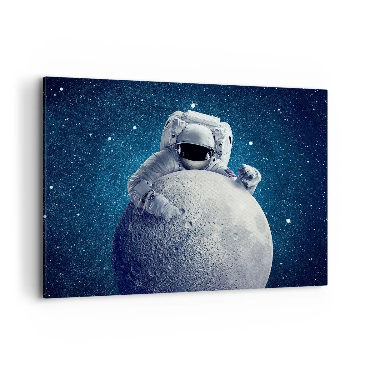 Obraz na płótnie - Astronauta trzymający księżyc na tle rozgwieżdżonego nieba - 100x70cm - Kosmiczny żartowniś - Nowoczesna dekoracja ścienna do salonu, kuchni i sypialni ARTTOR