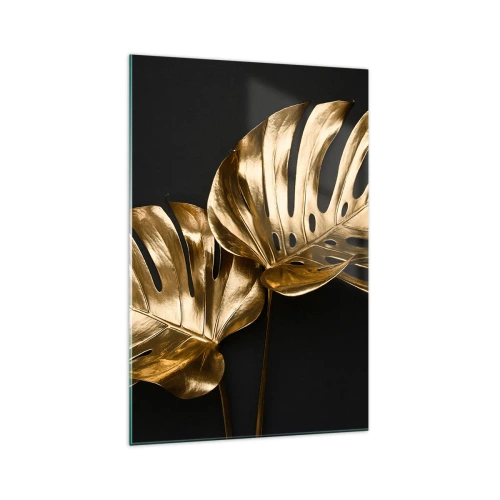Obraz na szkle - Złote liście monstery na czarnym tle - 70x100cm - Skarby natury - Nowoczesna dekoracja ścienna do salonu i sypialni ARTTOR