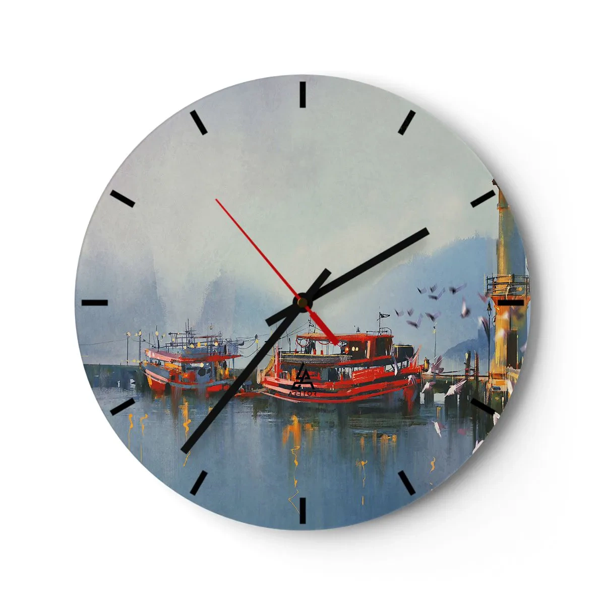 Zegar ścienny - Port z czerwonymi łodziami na spokojnej wodzie o poranku - 30x30cm - Na końcu świata - Nowoczesna dekoracja ścienna do salonu, kuchni i sypialni ARTTOR