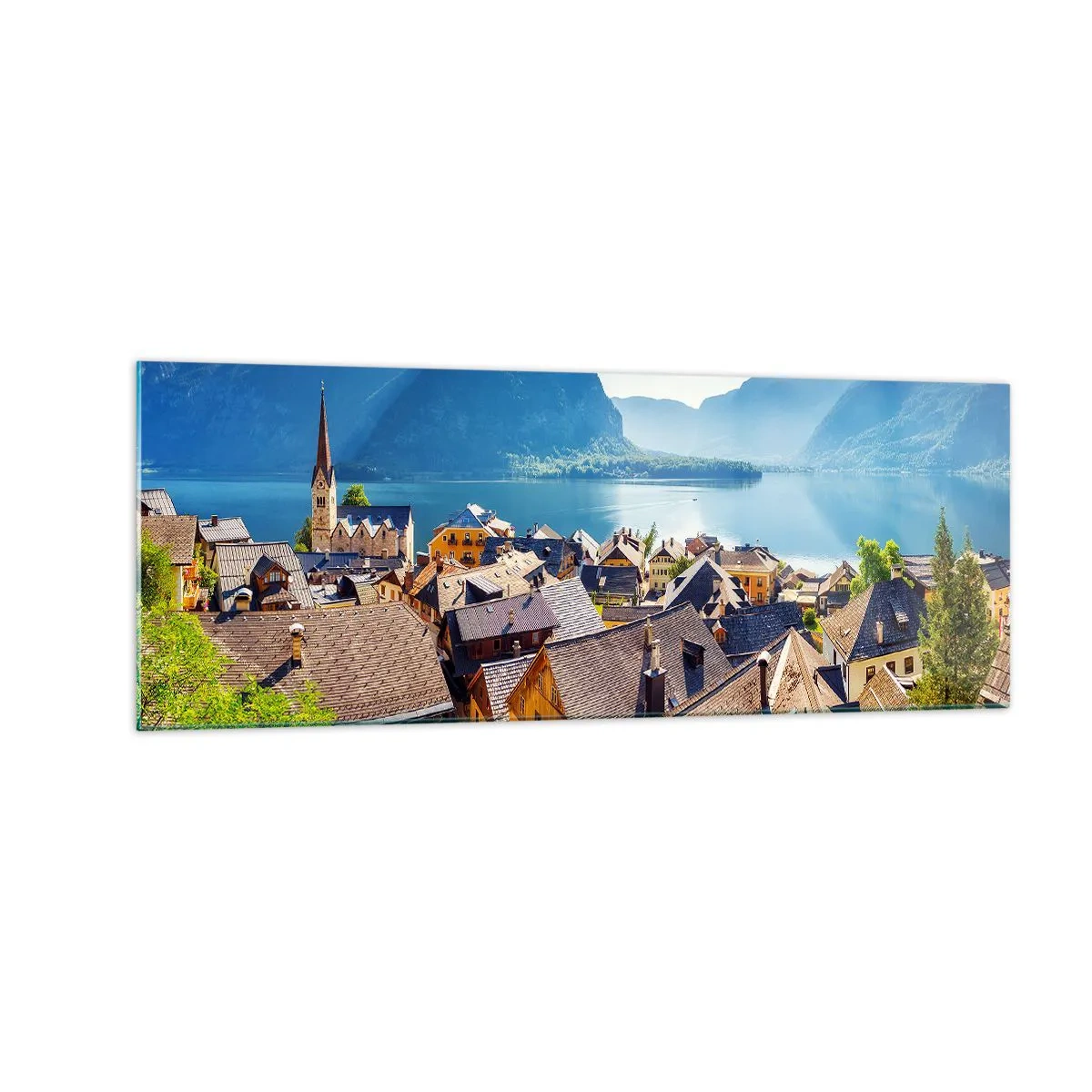 Obraz na szkle - Malownicza wioska nad jeziorem otoczonym górami w słoneczny dzień - 140x50cm - Bardziej malowniczo się nie da - Nowoczesna dekoracja ścienna do salonu i sypialni ARTTOR