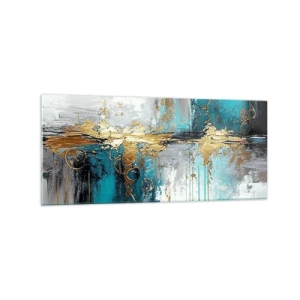 Obraz na szkle - Abstrakcyjna kompozycja z turkusem i złotymi akcentami - 120x50cm - Wszystko płynie - Nowoczesna dekoracja ścienna do salonu i sypialni ARTTOR
