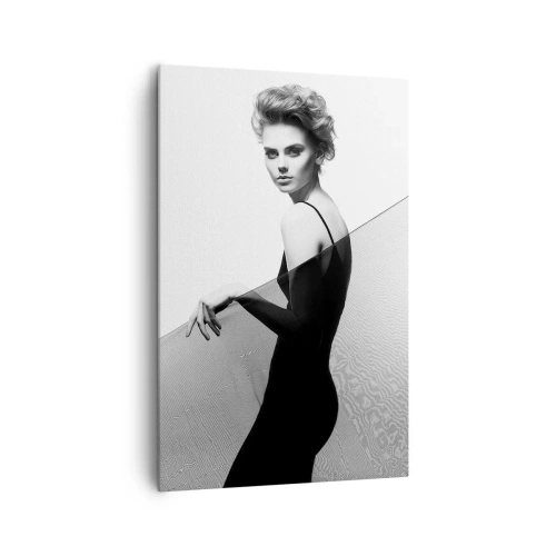 Obraz na płótnie - Kobieta w czarnej sukni na tle geometrycznej kompozycji - 80x120cm - Magnetyczne spojrzenie - Nowoczesna dekoracja ścienna do salonu i sypialni ARTTOR