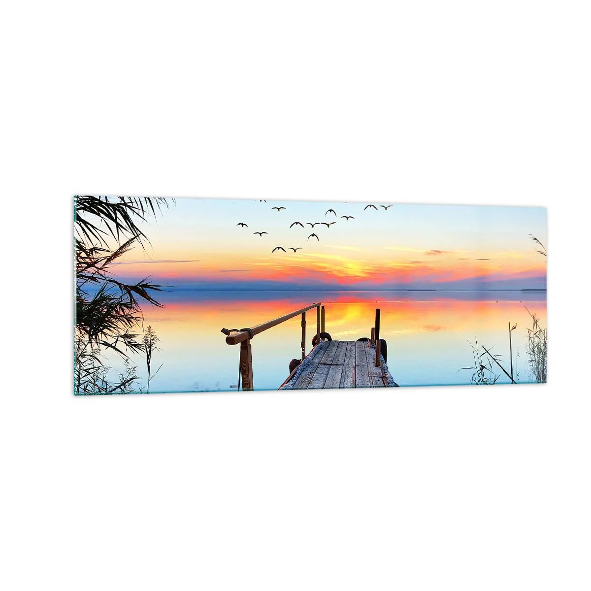 Obraz na szkle - Drewniany pomost nad jeziorem o zachodzie słońca - 140x50cm - Pora wracać… - Nowoczesna dekoracja ścienna do salonu i sypialni ARTTOR