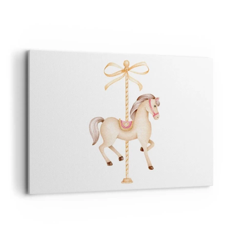 Obraz na płótnie - Koń karuzelowy z kokardą w delikatnych pastelach - 120x80cm - Wdzięcznym kłusem - Nowoczesna dekoracja ścienna do salonu, kuchni i sypialni ARTTOR