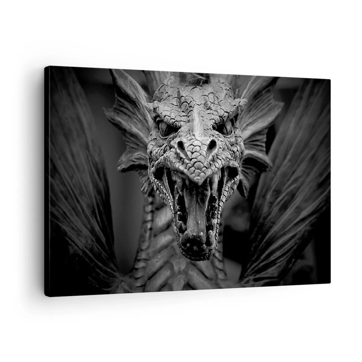 Obraz na płótnie - Groźna głowa smoka w czarno-białej tonacji z wyrazistymi detalami - 70x50cm - Baśniowy smok w szarościach - Nowoczesna dekoracja ścienna do salonu i sypialni ARTTOR