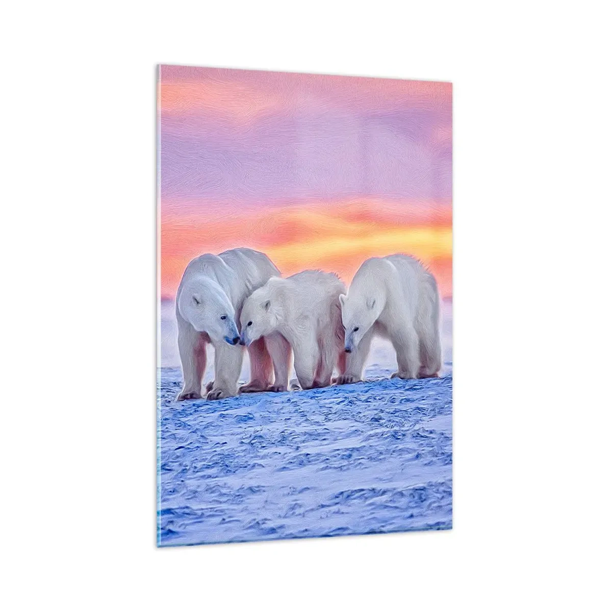Obraz na szkle - Trzy niedźwiedzie polarne na tle arktycznego zachodu słońca - 80x120cm - Wystarczy rodzinne ciepło - Nowoczesna dekoracja ścienna do salonu i sypialni ARTTOR