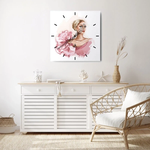 Zegar ścienny - Portret kobiety w różowej sukni na jasnym tle - 30x30cm - Jak  malowana… - Nowoczesna dekoracja ścienna do salonu i sypialni ARTTOR