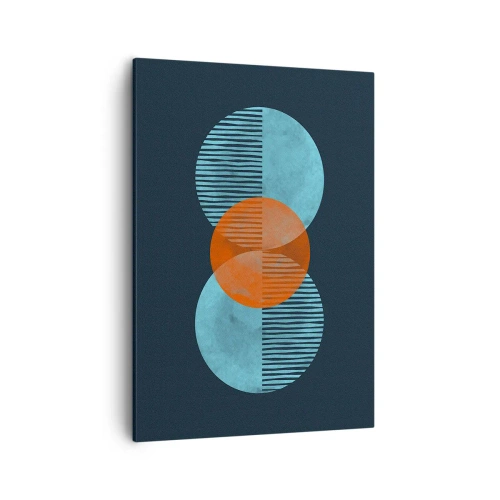 Obraz na płótnie - Geometryczna kompozycja z niebieskimi i pomarańczowymi okręgami - 50x70cm - Kompozycja symetryczna - Nowoczesna dekoracja ścienna do salonu, kuchni i sypialni ARTTOR
