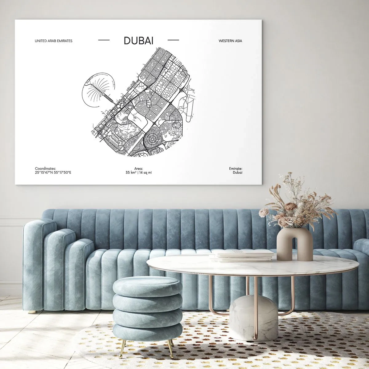 Obraz na szkle - Minimalistyczna mapa Dubaju w czarno-białej stylistyce - 70x50cm - Anatomia Dubaju - Nowoczesna dekoracja ścienna do salonu i sypialni ARTTOR