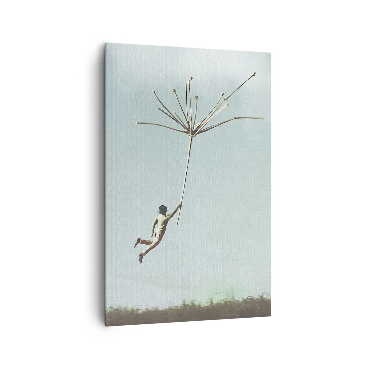 Obraz na płótnie - Postać unoszona przez duży nasion dmuchawca - 80x120cm - Latawce, dmuchawce, wiatr - Nowoczesna dekoracja ścienna do salonu i sypialni ARTTOR