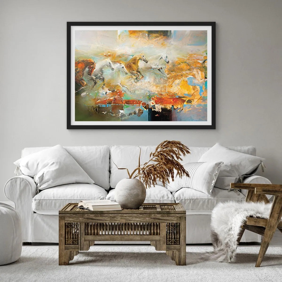Plakat w czarnej ramie - Artystyczne konie w dynamicznej scenerii pełnej kolorów - 100x70cm - Galopem przez światło - Nowoczesna dekoracja ścienna do salonu i sypialni ARTTOR