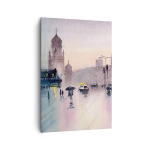 Obraz na płótnie - Miejska ulica o zmierzchu w akwarelowym stylu - 70x100cm - W deszczowej mgiełce - Nowoczesna dekoracja ścienna do salonu i sypialni ARTTOR