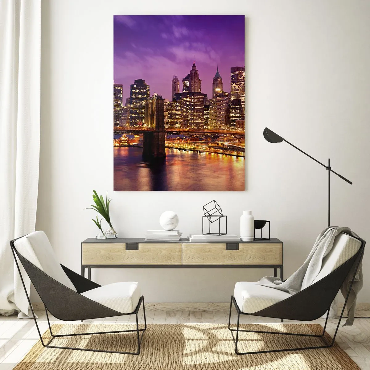 Obraz na szkle - Wieczorny widok na Nowy Jork z mostem Brooklińskim - 50x70cm - Fioletowo-złoty Manhathann - Nowoczesna dekoracja ścienna do salonu, kuchni i sypialni ARTTOR