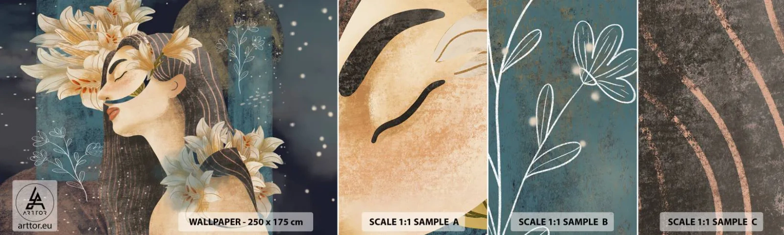 Fototapeta Próbka Samoprzylepna Deluxe Sticker - Baśń o królewnie z liliami - Abstrakcja, Kobieta, Kwiaty - 100x30 cm