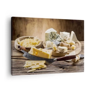 Obraz na płótnie - Deska serów z różnymi rodzajami na drewnianym stole - 70x50cm - Uśmiechnij się do sera - Nowoczesna dekoracja ścienna do salonu i sypialni ARTTOR