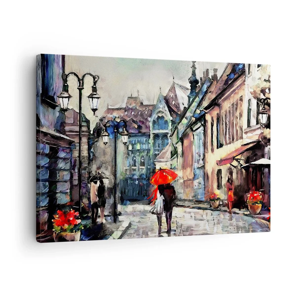 Obraz na płótnie - Urokliwa ulica miasta z parą pod czerwonym parasolem - 70x50cm - Deszcz dla dwojga - Nowoczesna dekoracja ścienna do salonu i sypialni ARTTOR