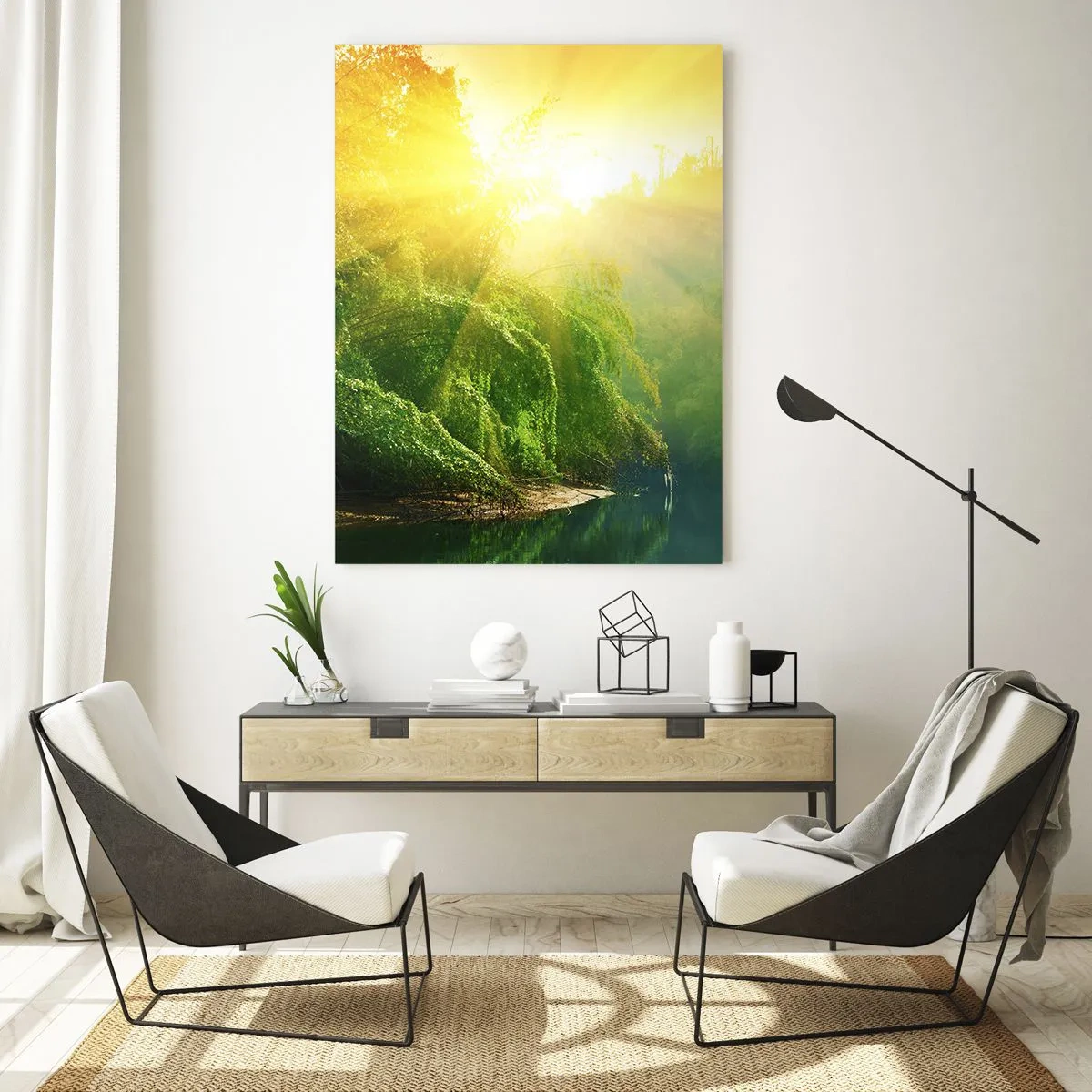 Obraz na szkle - Słoneczne promienie nad zieloną roślinnością przy rzece - 50x70cm - Utonąć w słońcu i w cieniu - Nowoczesna dekoracja ścienna do salonu, kuchni i sypialni ARTTOR