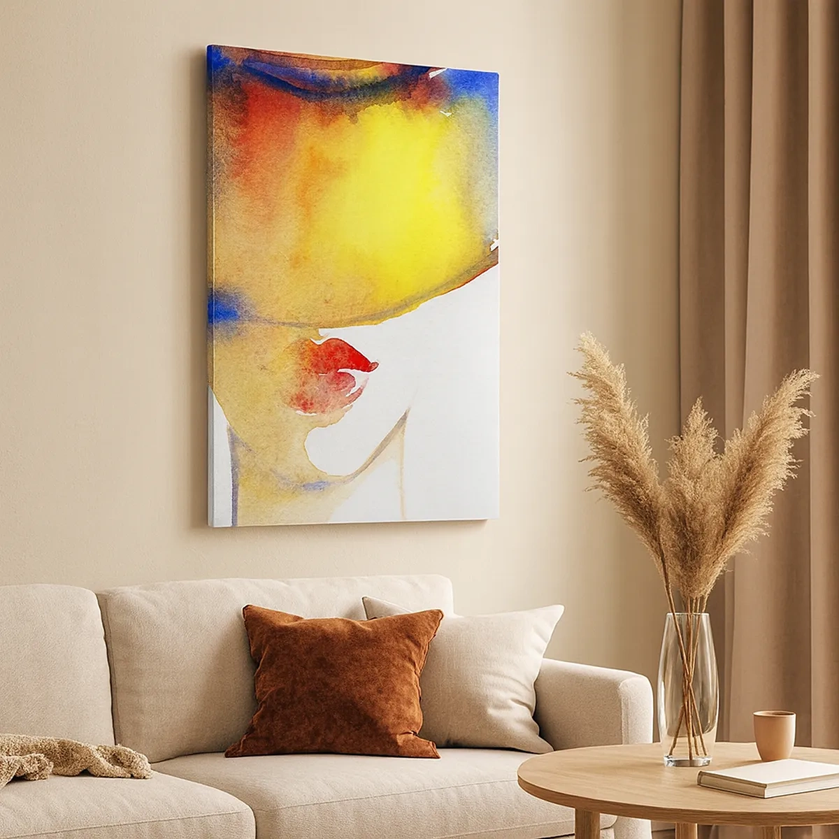 Obraz na płótnie - Abstrakcyjny portret kobiety w kapeluszu w stylu akwareli - 50x70cm - Portret damy    - Nowoczesna dekoracja ścienna do salonu, kuchni i sypialni ARTTOR