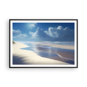 Plakat w czarnej ramie - Piaszczysta plaża z falami pod błękitnym niebem - 100x70cm - Rajskie wakacje - Nowoczesna dekoracja ścienna do salonu i sypialni ARTTOR