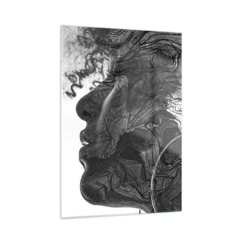 Obraz na szkle - Czarno-biała sylwetka kobiety z abstrakcyjnymi liniami - 50x70cm - Zaplątana w marzeniach - Nowoczesna dekoracja ścienna do salonu, kuchni i sypialni ARTTOR