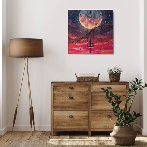 Zegar ścienny - Postać na huśtawce zawieszonej na tle księżyca - 30x30cm - Bujać w obłokach - Nowoczesna dekoracja ścienna do salonu i sypialni ARTTOR