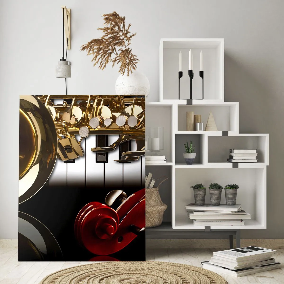 Obraz na szkle - Saksofon, klawiatura i smyczek w artystycznej kompozycji - 50x70cm - Blacha, drewno i kość słoniowa - Nowoczesna dekoracja ścienna do salonu, kuchni i sypialni ARTTOR