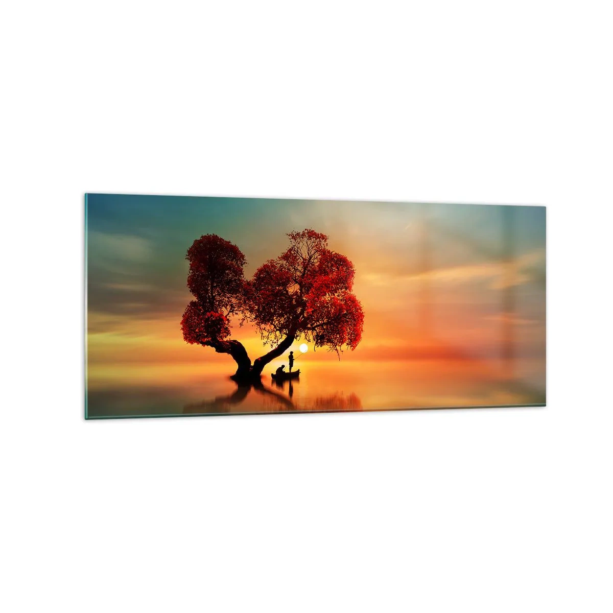 Obraz na szkle - Drzewo o czerwonych liściach i łódź na wodzie o zachodzie słońca - 120x50cm - Oddaleńcy i ciszyzna bezświata - Nowoczesna dekoracja ścienna do salonu i sypialni ARTTOR