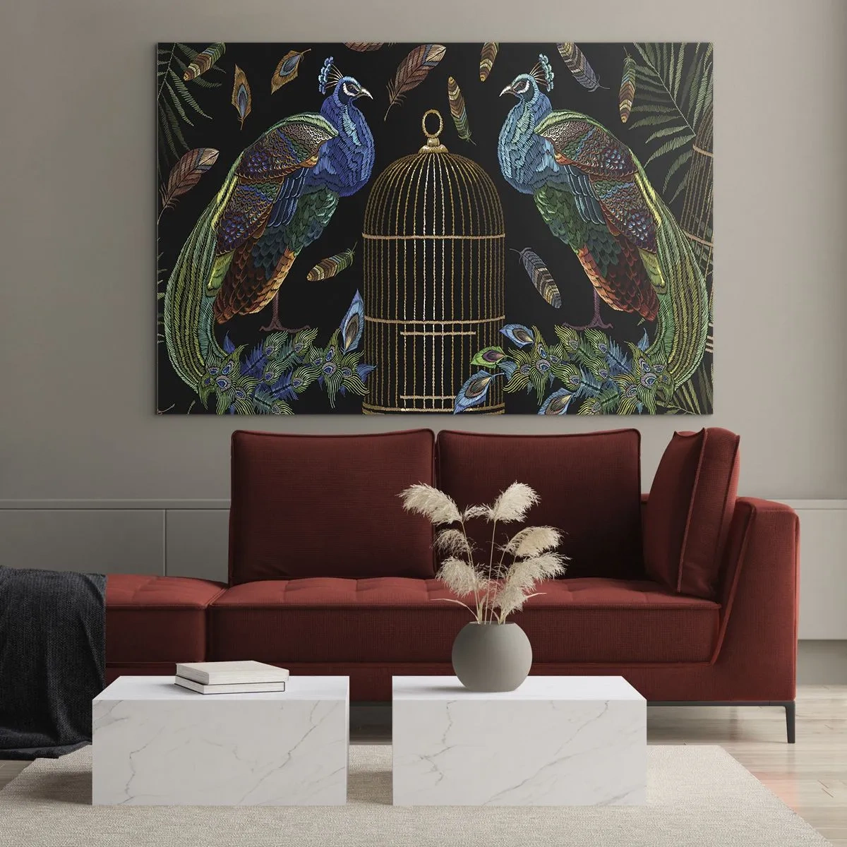 Obraz na szkle - Kolorowe pawie i klatka na czarnym tle - 120x80cm - W królewskich szatach - Nowoczesna dekoracja ścienna do salonu, kuchni i sypialni ARTTOR